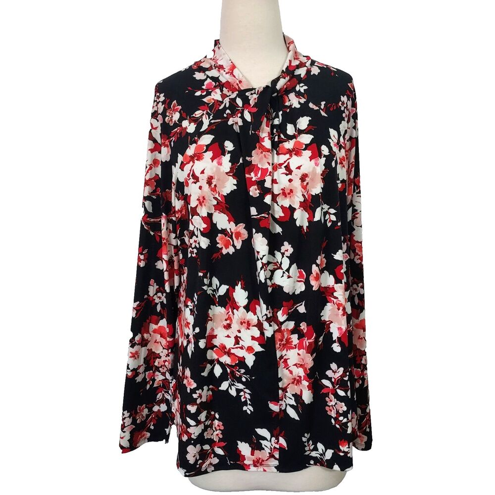 Liz Claiborne Career Long Sleeve Black Red Floral Blouse Womens XXLT Stretch Top
